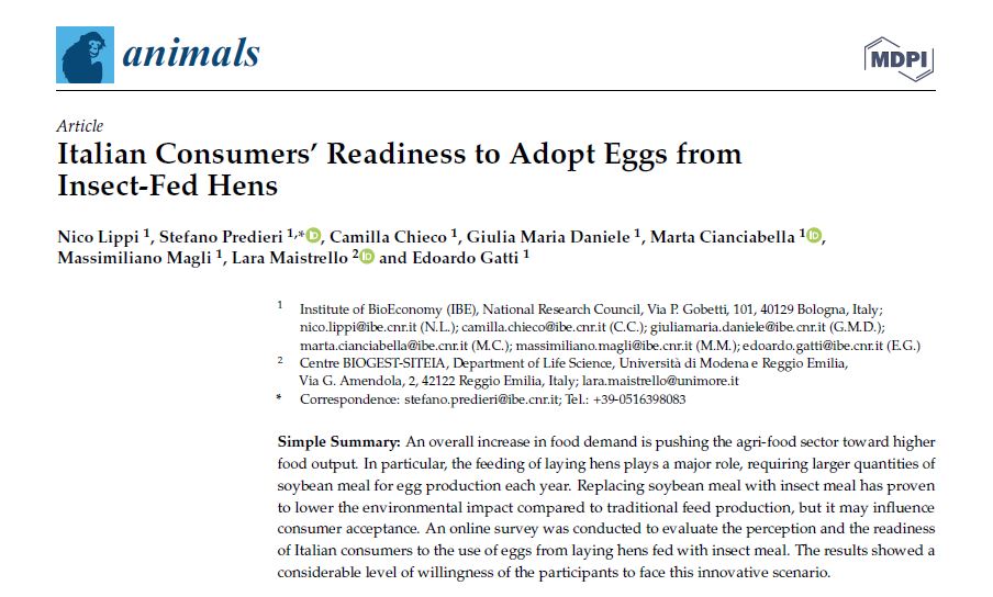 Pubblicato su "Animals" lo studio "Italian Consumers’ Readiness to Adopt Eggs from Insect-Fed Hens"